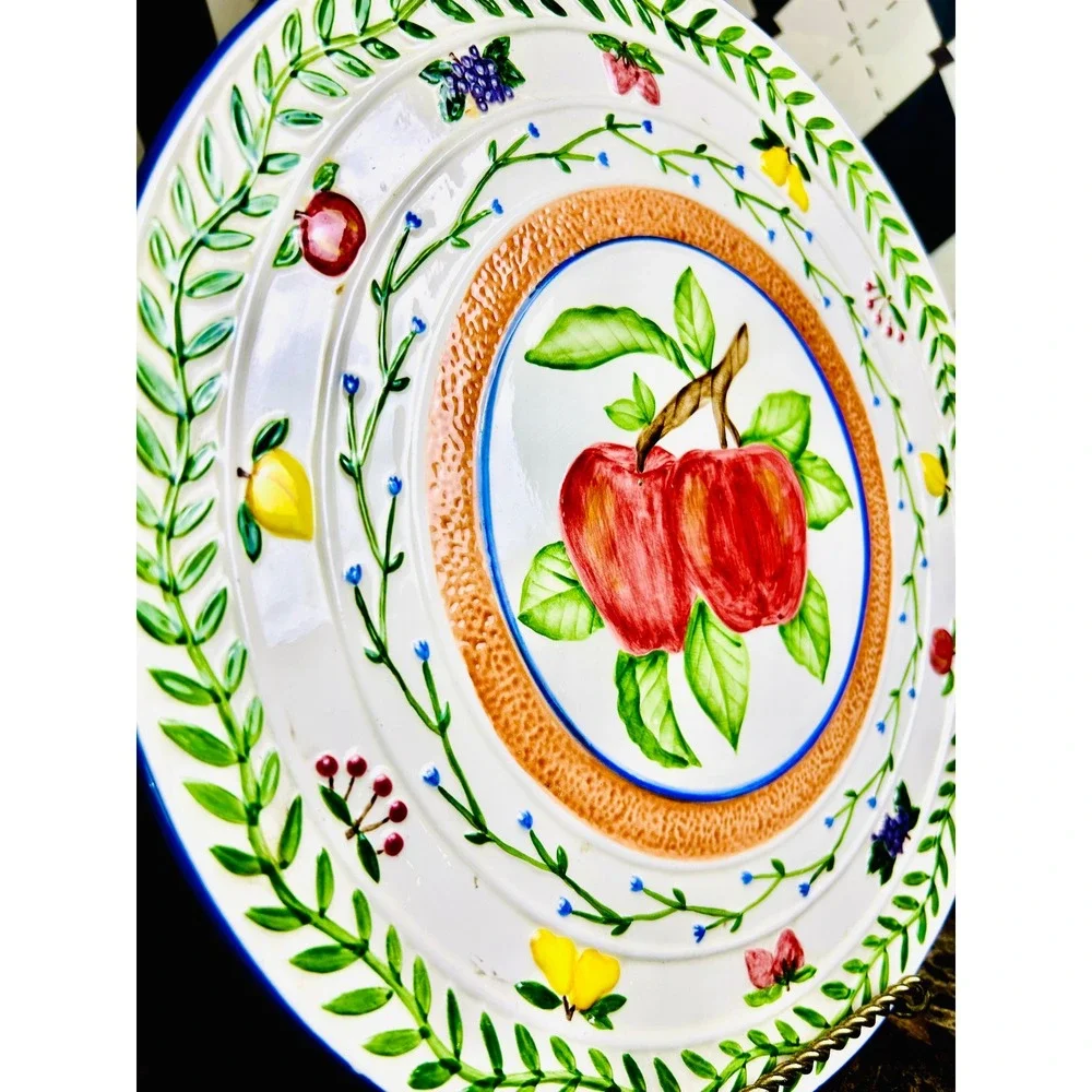 Apple Footed Pedestal‎ Plate Portuguese Hand Painted Fruit Ceramic Cake Stand